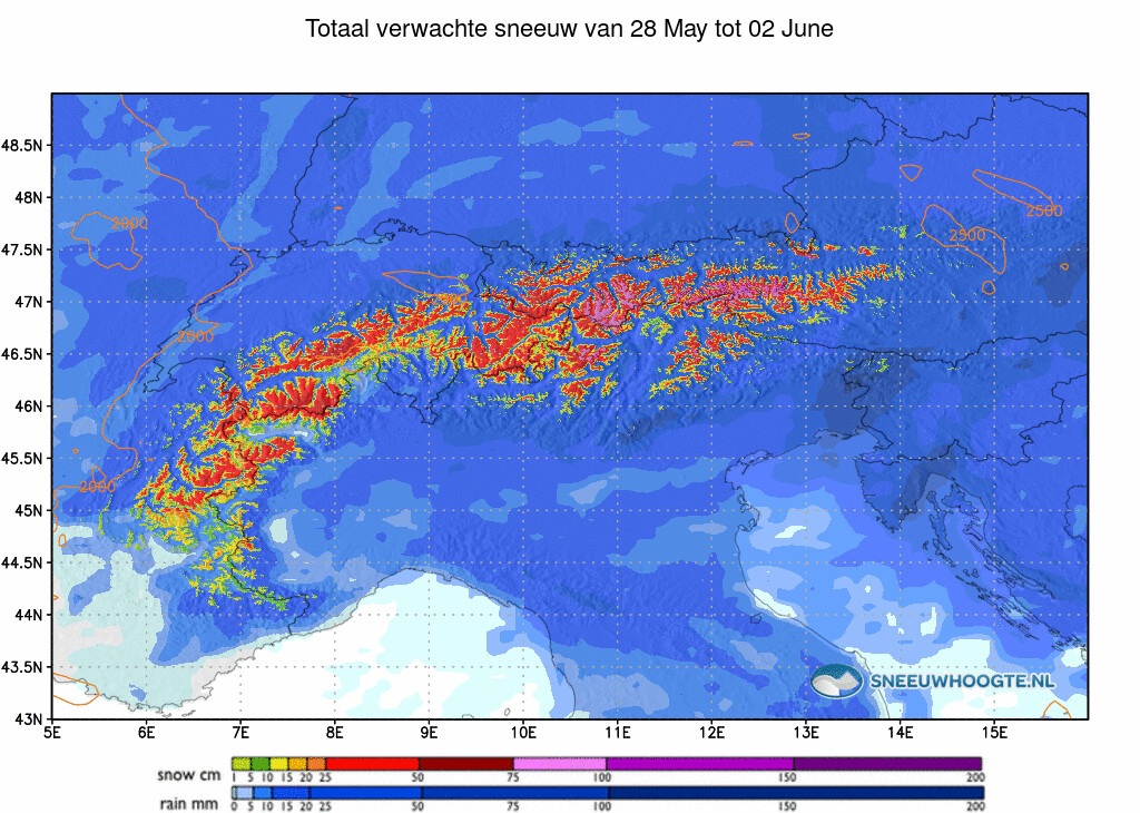 Sneeuwval Alpen komende 5 dagen cumulatief
