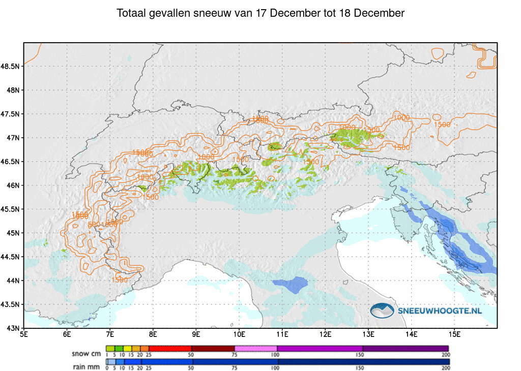 Sneeuwval Alpen afgelopen 24 uur