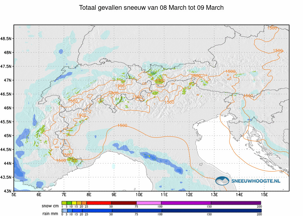 Sneeuwval Alpen afgelopen 24 uur