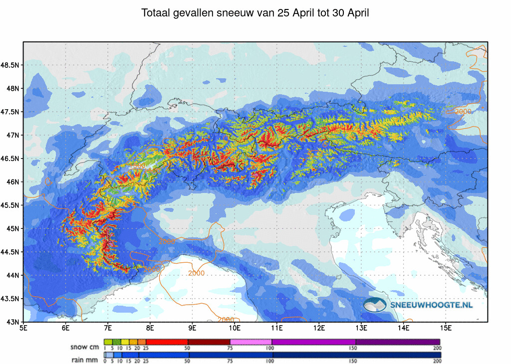 Sneeuwval Alpen afgelopen 5 dagen cumulatief