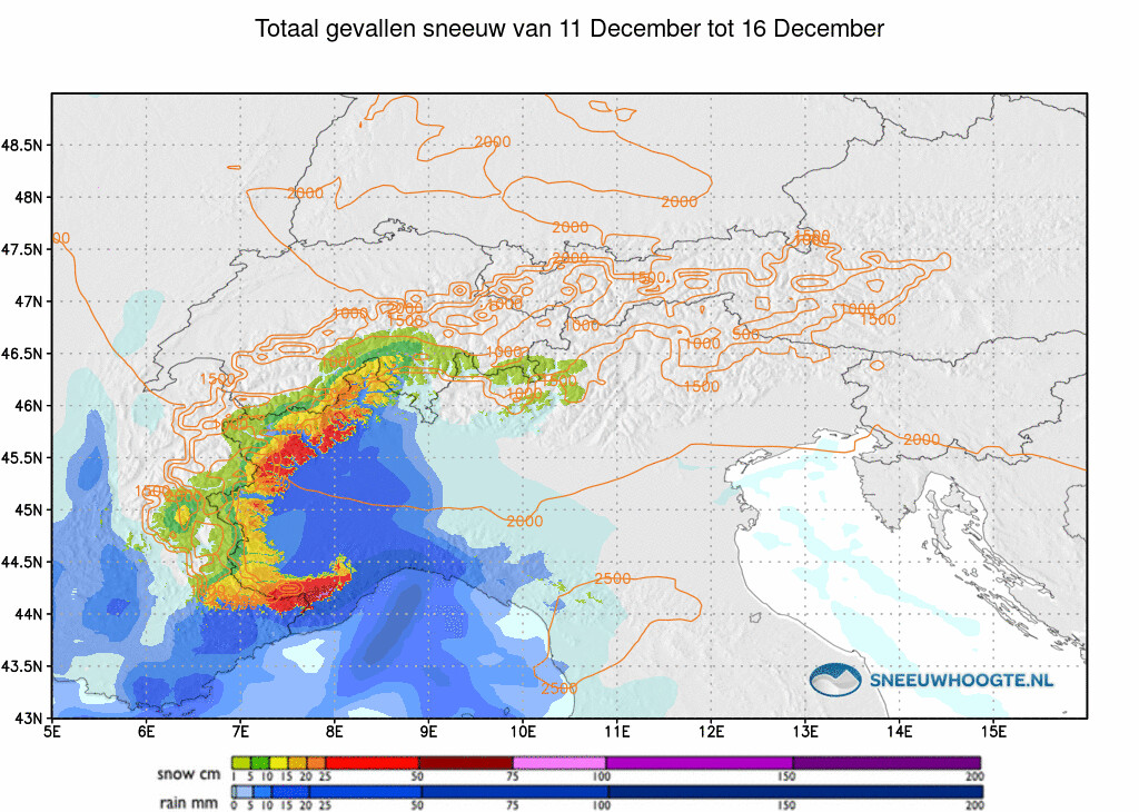 Sneeuwval Alpen afgelopen 5 dagen cumulatief