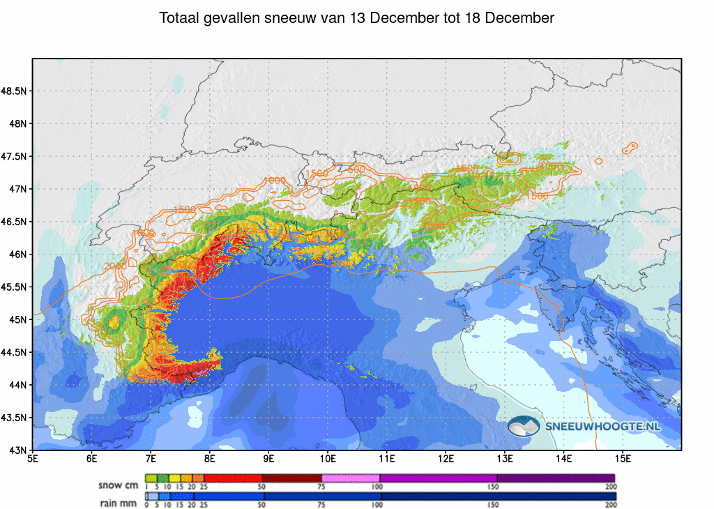 Sneeuwval Alpen afgelopen 5 dagen cumulatief
