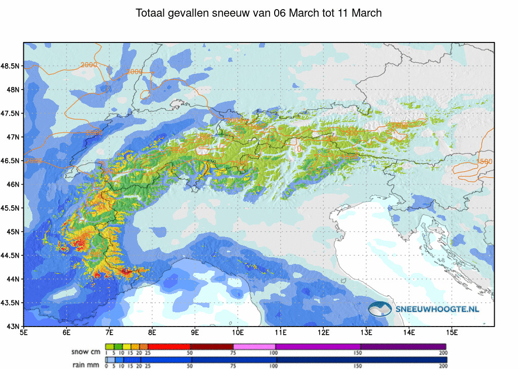 Sneeuwval Alpen afgelopen 5 dagen cumulatief