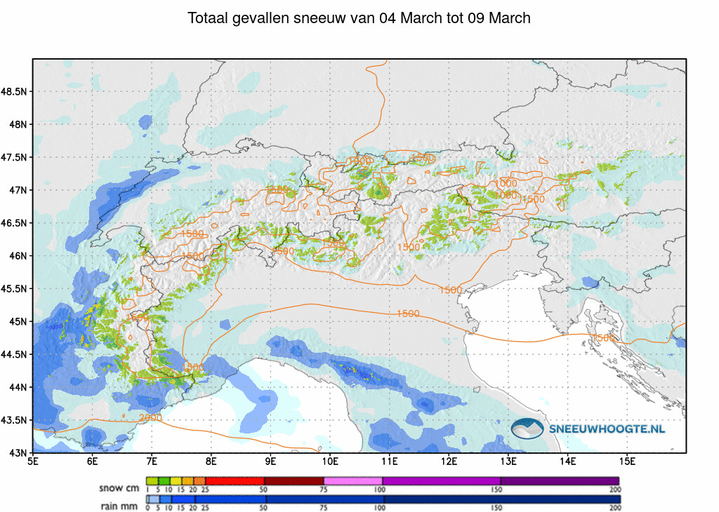 Sneeuwval Alpen afgelopen 5 dagen cumulatief
