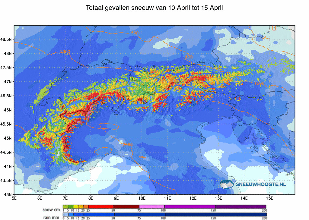 Sneeuwval Alpen afgelopen 5 dagen cumulatief