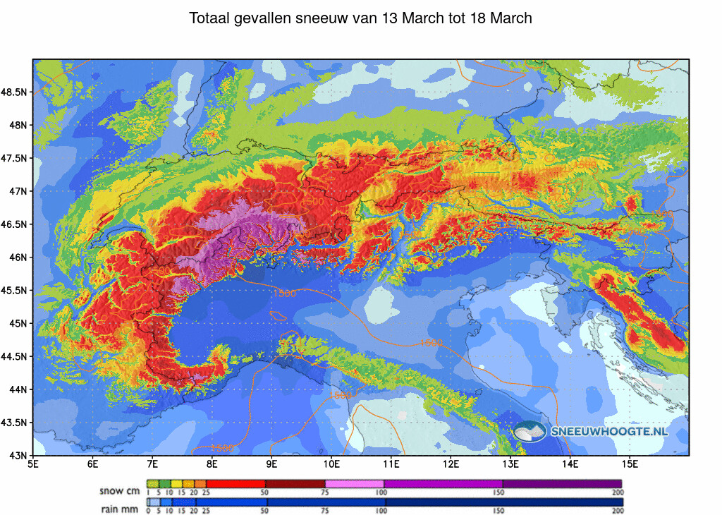 Sneeuwval Alpen afgelopen 5 dagen cumulatief