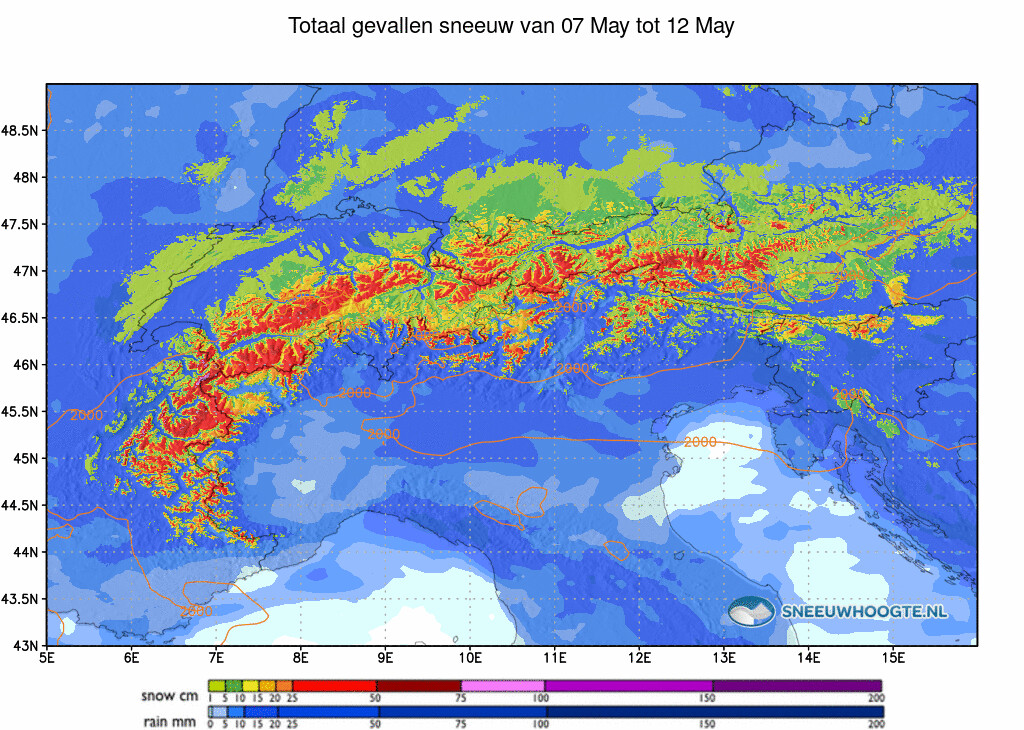 Sneeuwval Alpen afgelopen 5 dagen cumulatief