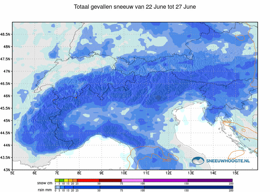 Sneeuwval Alpen afgelopen 5 dagen cumulatief
