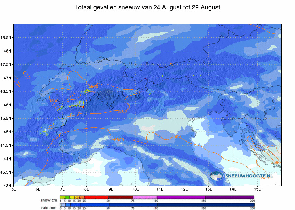 Sneeuwval Alpen afgelopen 5 dagen cumulatief