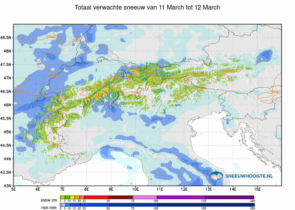 Sneeuwval Alpen 48 tot 72 uur vooruit