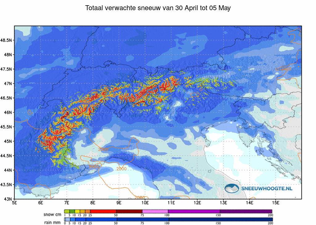 Sneeuwval Alpen komende 5 dagen cumulatief