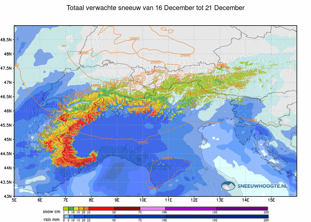 Sneeuwval Alpen komende 5 dagen cumulatief