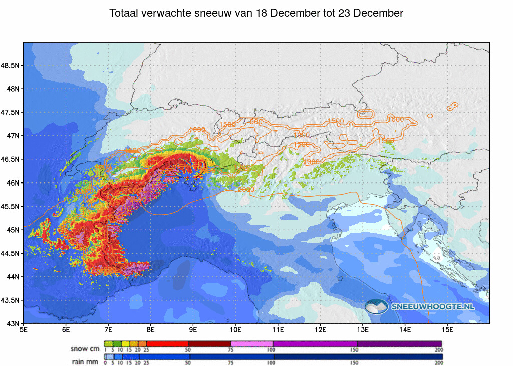 Sneeuwval Alpen komende 5 dagen cumulatief