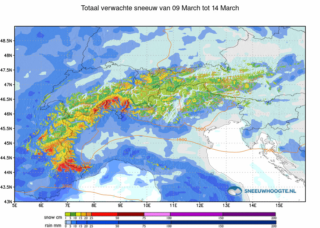 Sneeuwval Alpen komende 5 dagen cumulatief