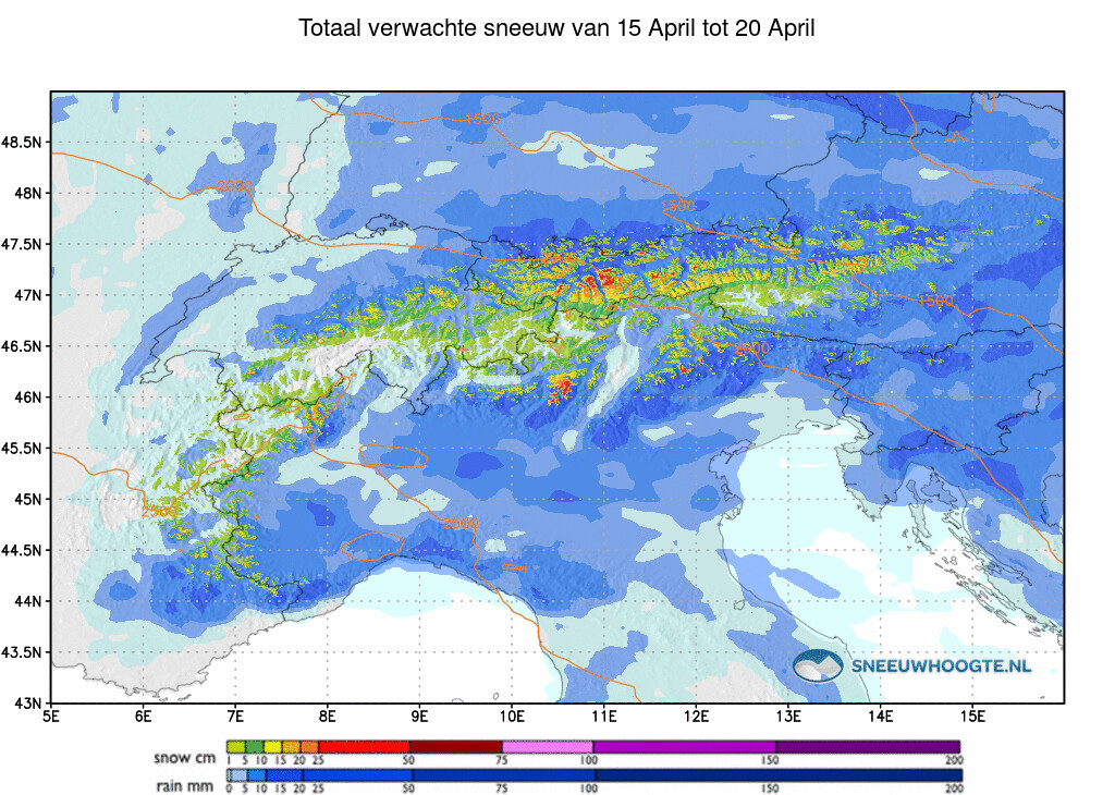 Sneeuwval Alpen komende 5 dagen cumulatief