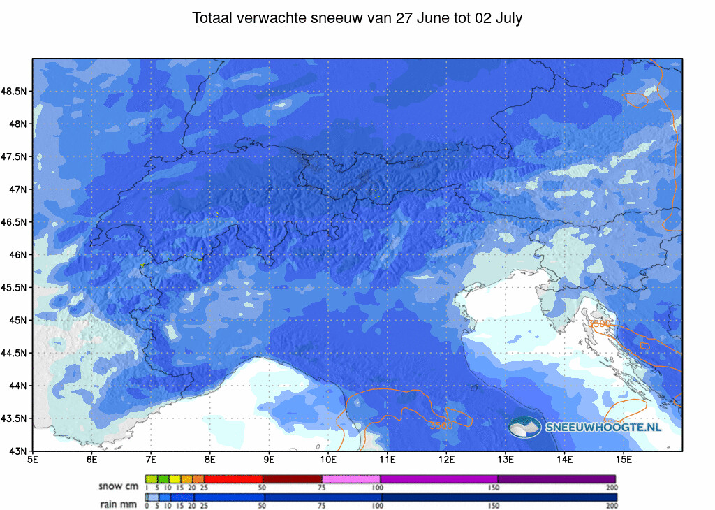 Sneeuwval Alpen komende 5 dagen cumulatief