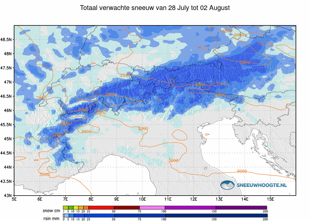 Sneeuwval Alpen komende 5 dagen cumulatief