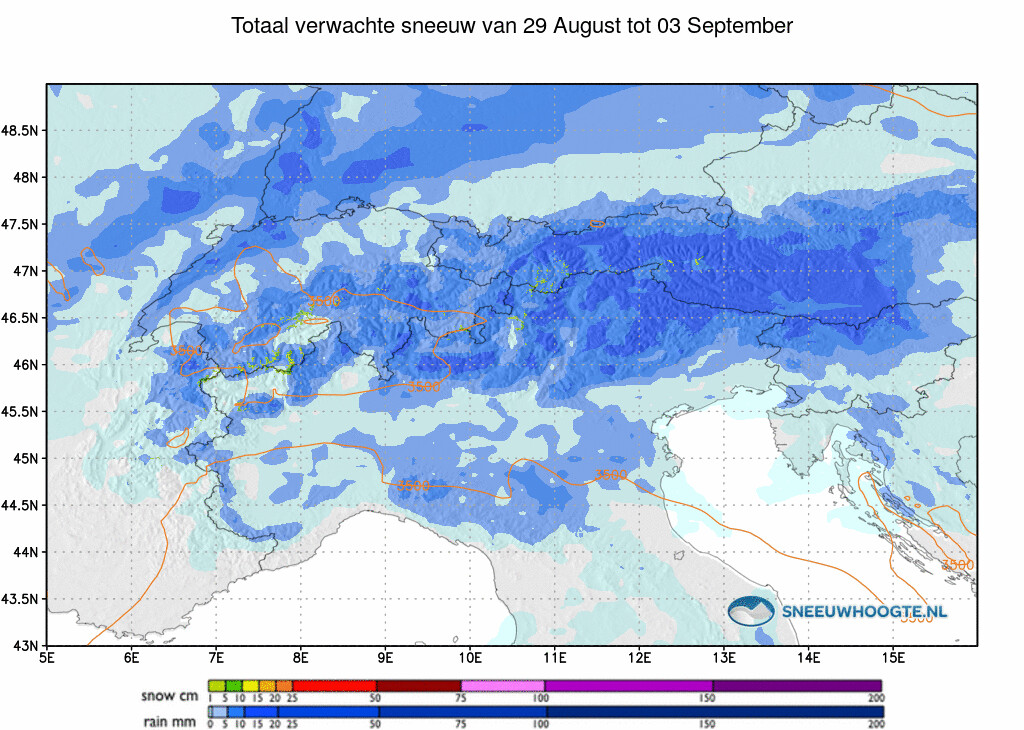 Sneeuwval Alpen komende 5 dagen cumulatief