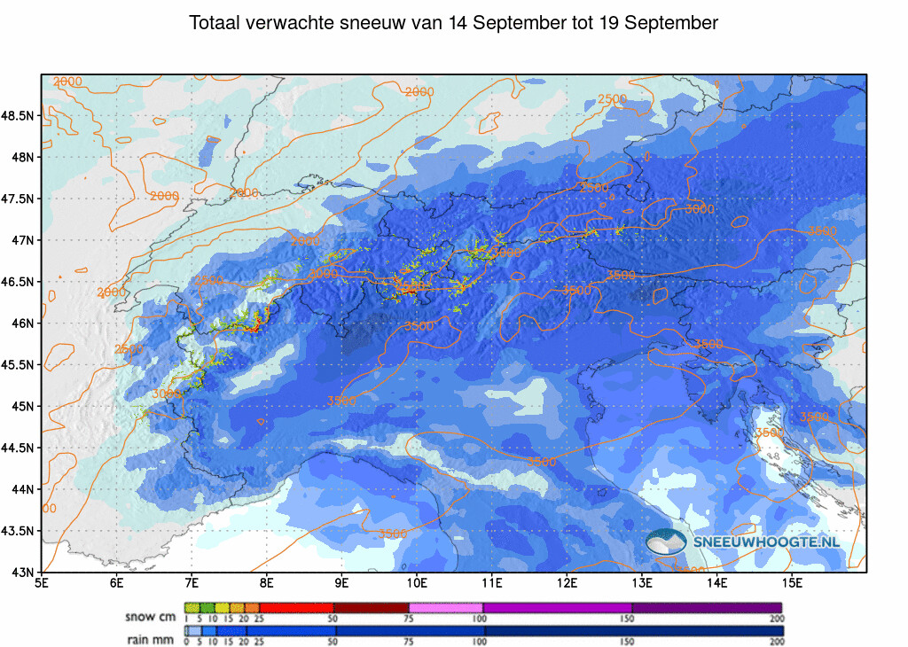 Sneeuwval Alpen komende 5 dagen cumulatief